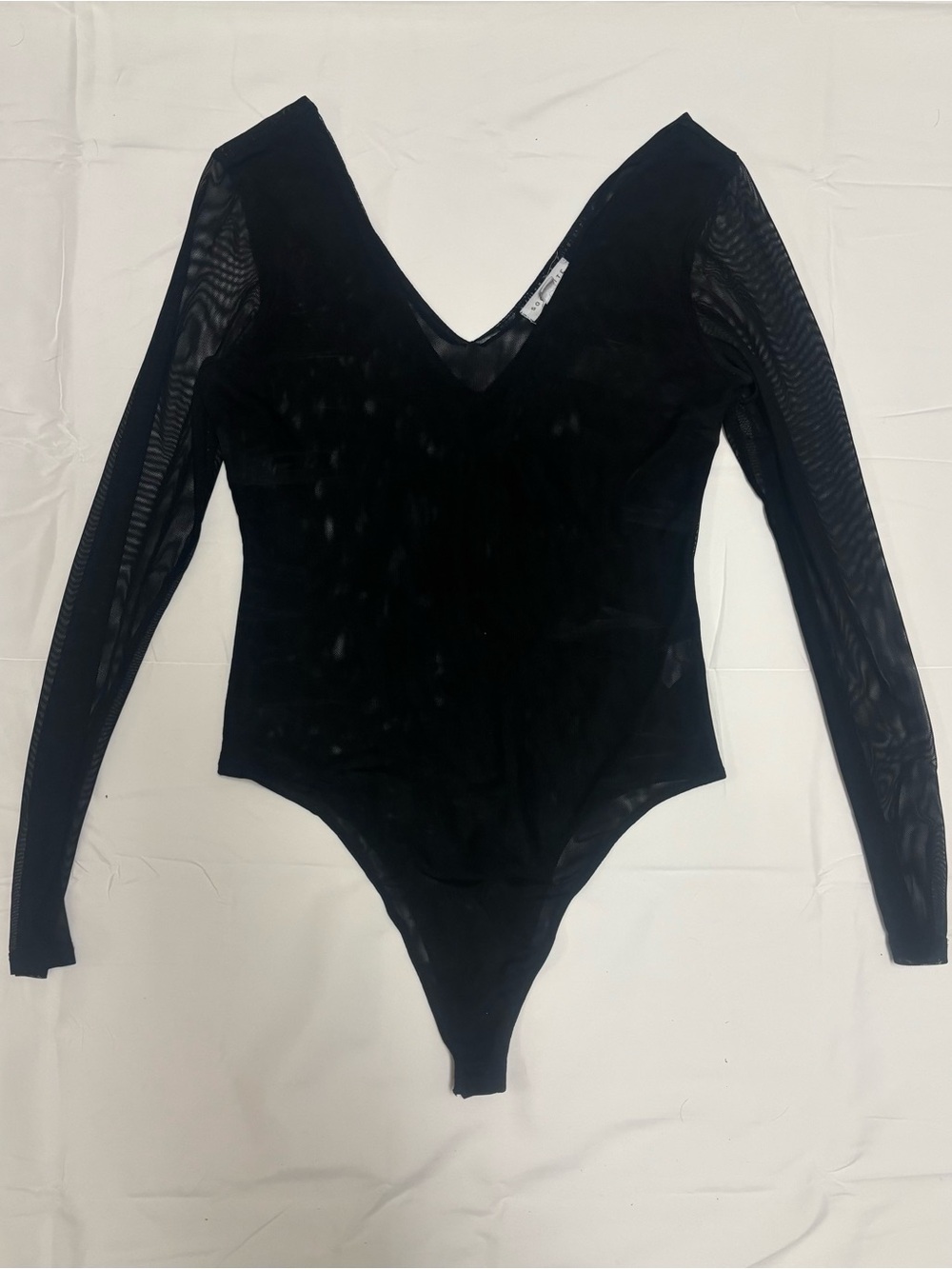Black Long-Sleeve Mesh One-Piece Bodysuit